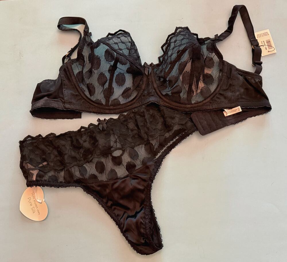 NWT Mimi Holliday Damaris Black Silk Polka Dot Balconette Bra Thong Set 36E